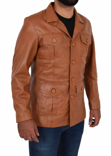 NOORA Mens Distress TAN Vintage Coat Jacket Genuine Lambskin Leather Jacket With Button Closure YK33