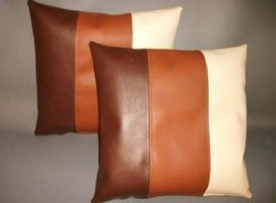 NOORA 100% Real Lambskin leather Combination Brick Tan, Tan & Cream White pillow cover, Square Leather Cover YK86