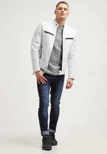 Noora New Men's 100% White Lambskin Leather  Quilted Jacket Biker Jacket With Black Zipper & Black  Snap SU0753