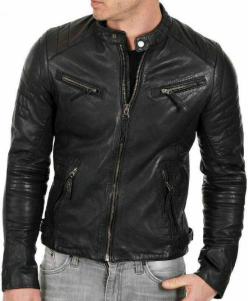 NOORA Lambskin Leather Men's Handmade Café Racer Riding Slim Fit Black Biker Leather Jacket |  Black Solid Biker jacket With Zipper SU0563