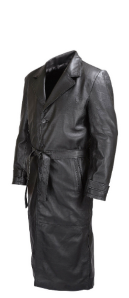 Noora Mens Real Lambskin Leather Long Black Trench Coat With Tie Knot Belted & Button | Steampunk Gothic Vintage Trench Coat SU0125