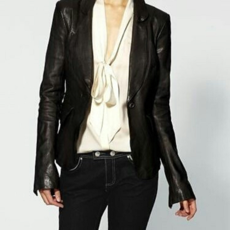 Noora New Ladies & Girls Lambskin Leather BLAZER Jacket For MEETINGS BLACK Lambskin Leather Jacket YK045