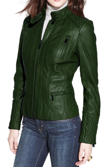 Noora New Women Lambskin Green Leather Jacket Motorcycle Slim Fit Quilted Jacket For Halloween YK30
