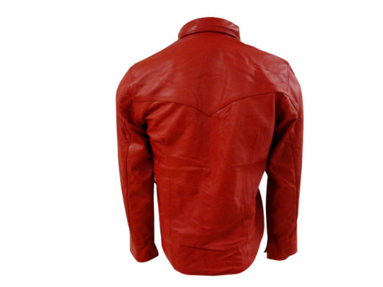 Noora New Men's 100% Lambskin Leather Red Shirt With Button Designer Biker Racer Red Shirt SU0147