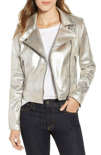 NOORA Women Sparkle Silver Leather Jacket | lambskin leather biker jacket | Shiny Metallic Silver Jackets YK041