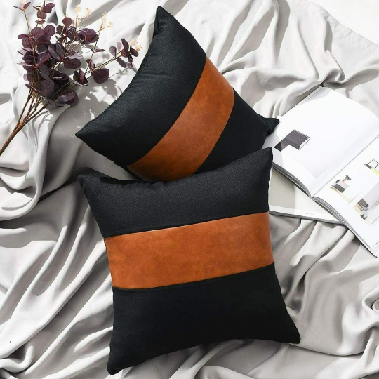 Noora 100% Real Black & Brunt Orange Lambskin leather pillow cover , Plain Square Decorative Pillow Cover YK8