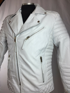 Noora Men's Lambskin Leather White Quilted Biker Jacket With Zipper Pocket White Rider Leather Jacket  SU0412