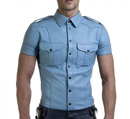 Noora New Men's Lambskin Leather Sky Blue Half  Sleeves Shirt , Uniform Leather Shirt With Shoulder Strap