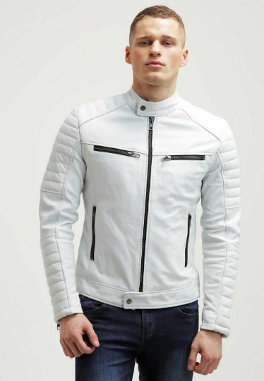 Noora New Men's 100% White Lambskin Leather  Quilted Jacket Biker Jacket With Black Zipper & Black  Snap SU0753