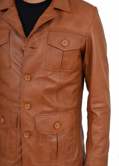 NOORA Mens Distress TAN Vintage Coat Jacket Genuine Lambskin Leather Jacket With Button Closure YK33