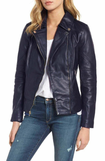 Noora New Women Lambskin Navy Blue Leather Jacket, Slim Fit Motorcycle Biker Stylish Jacket YK063