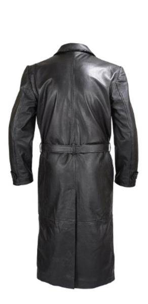 Noora Mens Real Lambskin Leather Long Black Trench Coat With Tie Knot Belted & Button | Steampunk Gothic Vintage Trench Coat SU0125