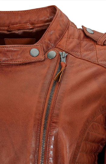 NOORA Ladies Brick Tan Colour Jacket, Cross Quilted Leather Jacket With Pocket & Multi Zip Biker Jacket YK13