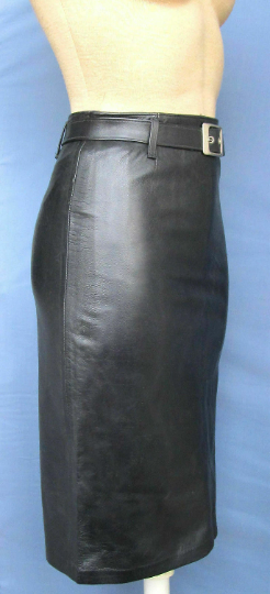 Noora Women's Black Lambskin Leather Pencil Formal Skirt | Black Belted Formal Meeting Wear  Leather Skirt SU0110