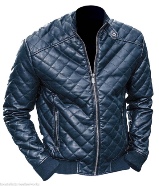 Noora Mens Blue Quilted Bomber Biker Leather Jacket | Western Style Leather Jacket  With YKK Zipper | Blue Bomber Leather Jacket SU0127