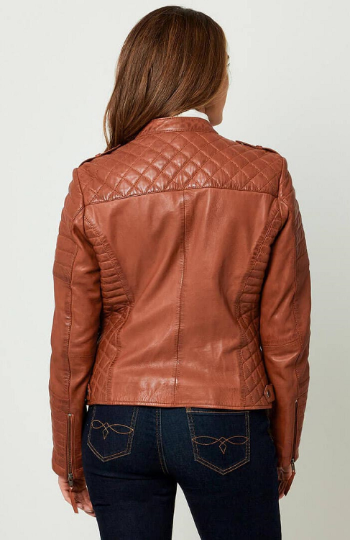 NOORA Ladies Brick Tan Colour Jacket, Cross Quilted Leather Jacket With Pocket & Multi Zip Biker Jacket YK13