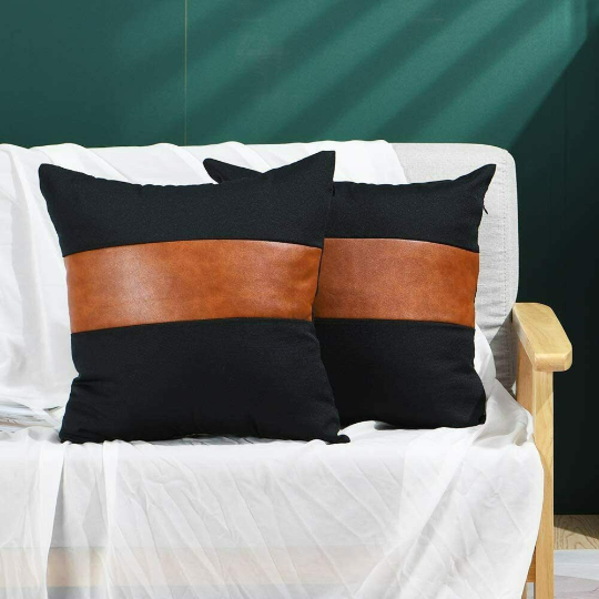 Noora 100% Real Black & Brunt Orange Lambskin leather pillow cover , Plain Square Decorative Pillow Cover YK8