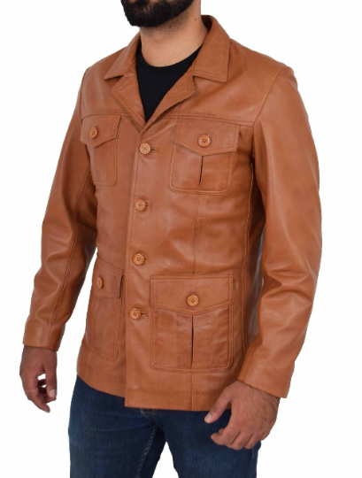 NOORA Mens Distress TAN Vintage Coat Jacket Genuine Lambskin Leather Jacket With Button Closure YK33
