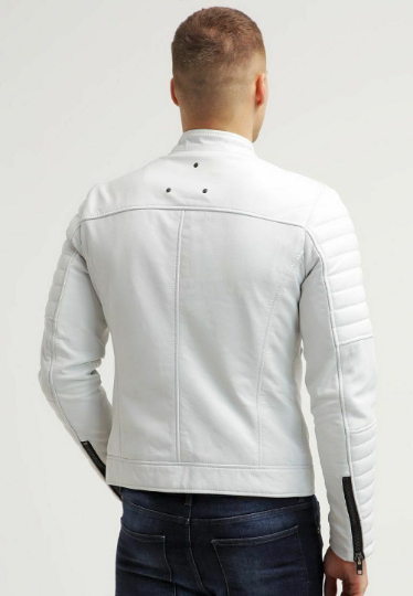 Noora New Men's 100% White Lambskin Leather  Quilted Jacket Biker Jacket With Black Zipper & Black  Snap SU0753