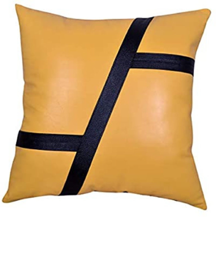 Noora Lambskin Leather Yellow Black  Pillow Cover Sofa Cushion Case, Decorative Throw Cover For Bedroom With Black Strips YK88