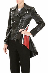 NOORA Stylish Black Lambskin Leather RED Stripped Designer Glossy Jacket Women Color Block Trench Flare Coat YK26