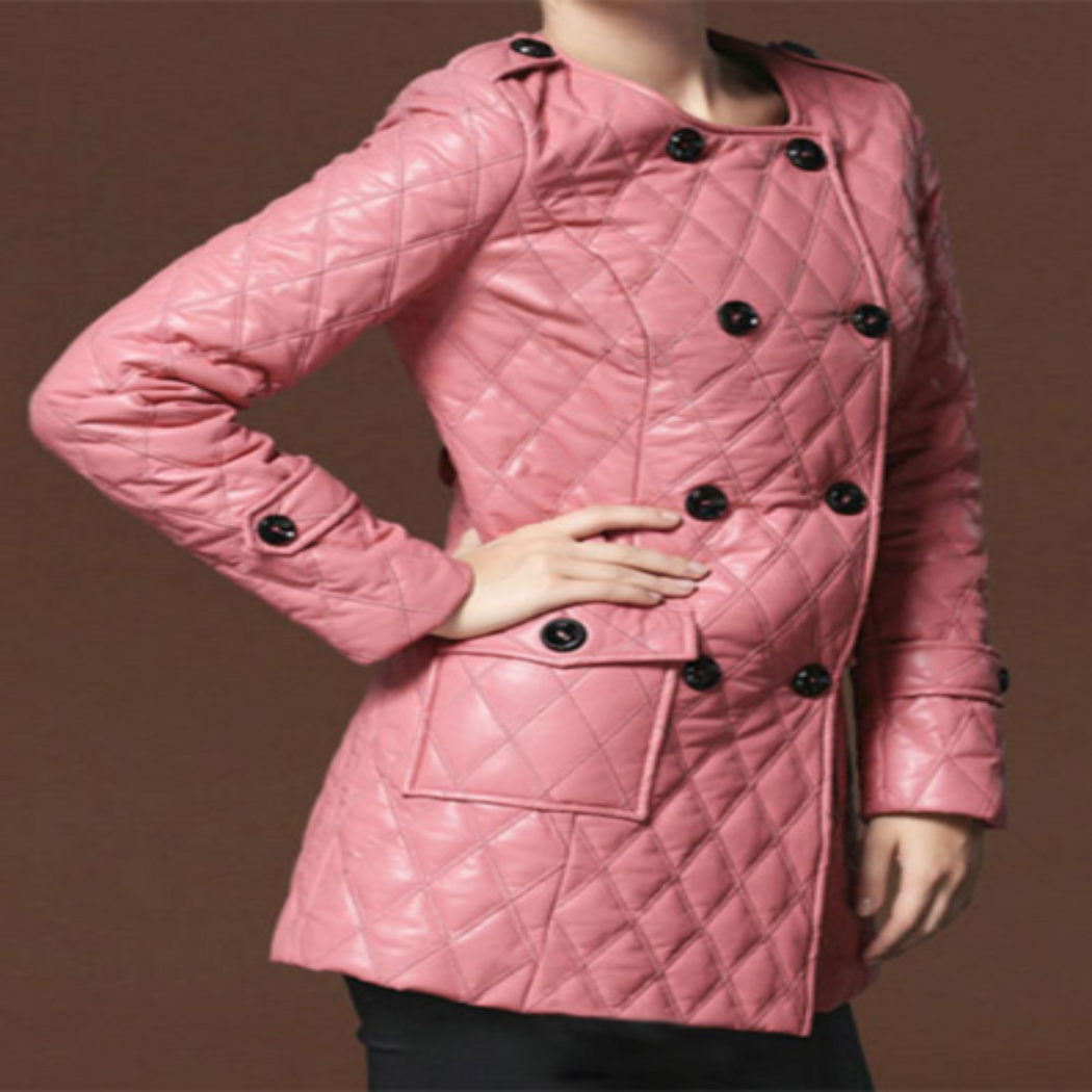 Noora New Womens Real Lambskin Baby Pink Leather Coat With button, Quilted Designer Trench Collarless Coat YK061