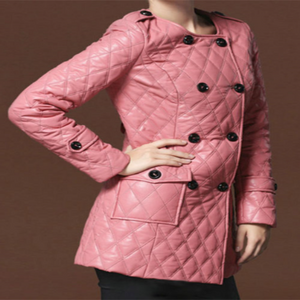 Noora New Womens Real Lambskin Baby Pink Leather Coat With button, Quilted Designer Trench Collarless Coat YK061