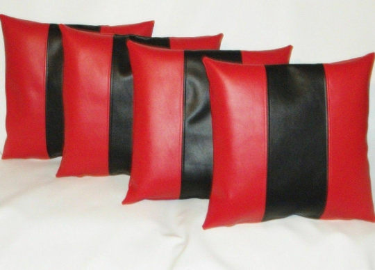 Noora Authentic Lambskin Leather Pillow Cover Red & Black, Striped Throw Cover for Couch, Decorative Accent Cushion Cover, Housewarming Gifts YK81
