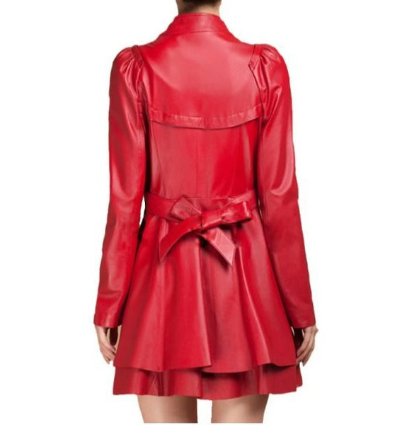 NOORA Women's Lambskin Red Leather Trench Coat, Designer Back Knot Flare Coat With Puff Sleeves YK0252