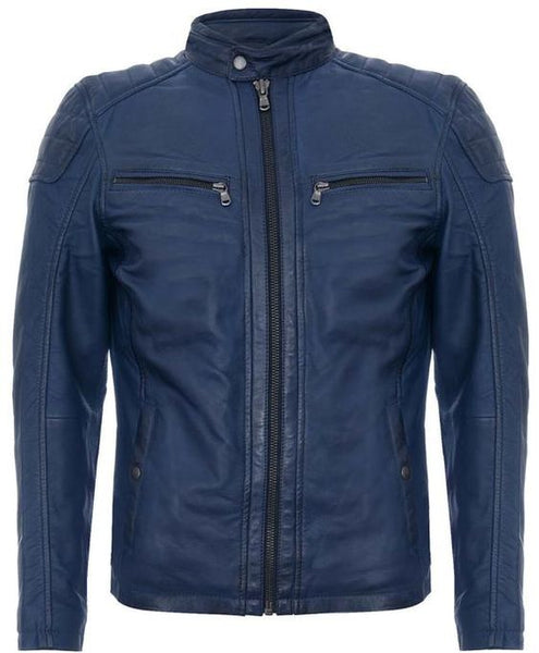 NOORA New Real Leather Mens Navy Blue Leather Jacket Retro Vintage Quilted Retro Racing Zipped Biker
