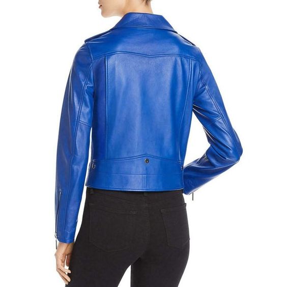 NOORA Vintage 80's Women Leather Motorcycle Jacket Moto Leather Electric Blue Cropped Racer Handmade ST0224