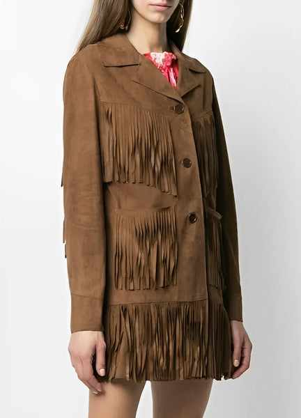 Noora Gorgeous Women Brown Suede Leather Jacket with Fringe Western Style Cow girl Midi Coat  YK