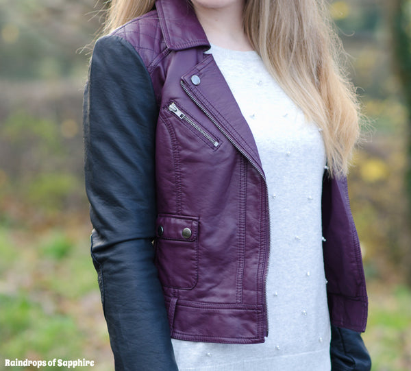 Noora Women's Multi Color Quilted Leather Jacket | Black & Purple Combination Quilted Leather Jacket SU0179