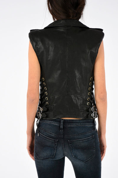 Noora New Womens Lambskin BLACK Leather Vest Coat With Buckle, Braided Designer Biker Sleeveless Coat YK0211
