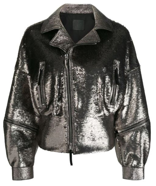 NOORA Women Sparkle Black Leather Jacket | Lambskin leather biker jacket | Shiny & Glitter Jacket YK048