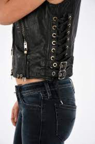 Noora New Womens Lambskin BLACK Leather Vest Coat With Buckle, Braided Designer Biker Sleeveless Coat YK0211