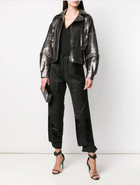 NOORA Women Sparkle Black Leather Jacket | Lambskin leather biker jacket | Shiny & Glitter Jacket YK048