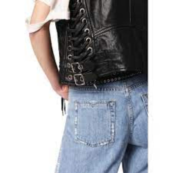 Noora New Womens Lambskin BLACK Leather Vest Coat With Sleeveless, Braided Designer Biker Coat YK0210