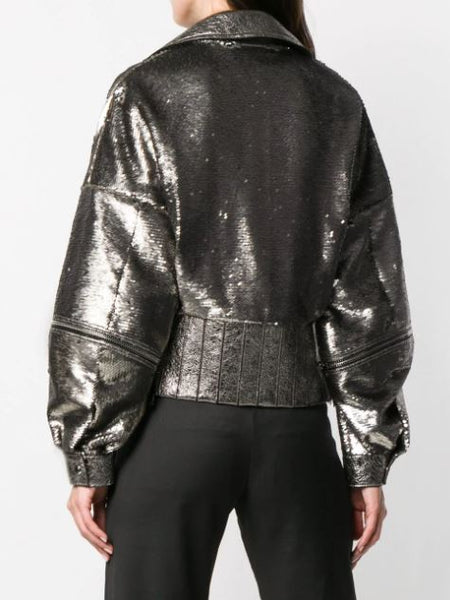 NOORA Women Sparkle Black Leather Jacket | Lambskin leather biker jacket | Shiny & Glitter Jacket YK048