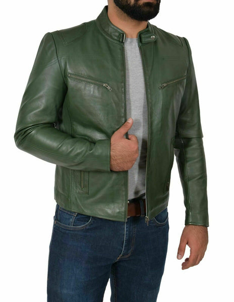Genuine Leather Biker Jacket For Mens Green Fitted Zipped Casual Coat - Noora International