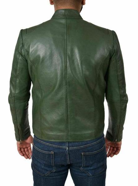 Genuine Leather Biker Jacket For Mens Green Fitted Zipped Casual Coat - Noora International