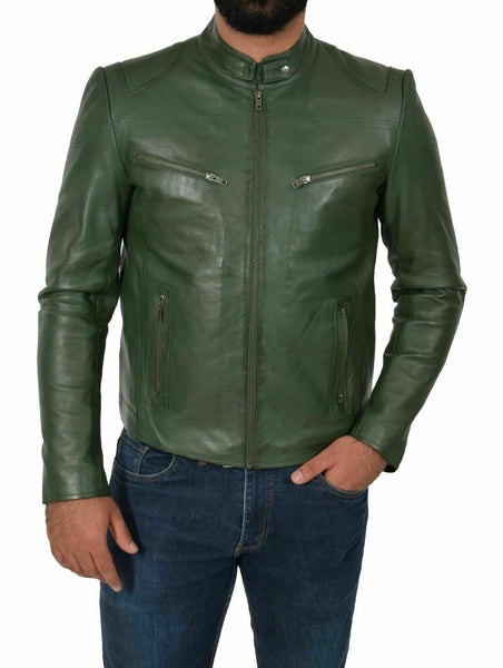 Genuine Leather Biker Jacket For Mens Green Fitted Zipped Casual Coat - Noora International