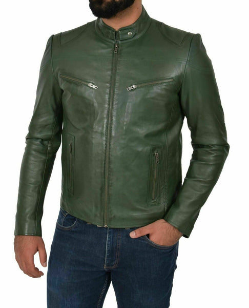 Genuine Leather Biker Jacket For Mens Green Fitted Zipped Casual Coat - Noora International