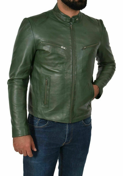 Genuine Leather Biker Jacket For Mens Green Fitted Zipped Casual Coat - Noora International