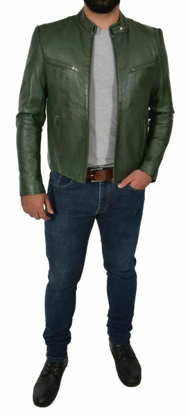 Genuine Leather Biker Jacket For Mens Green Fitted Zipped Casual Coat - Noora International