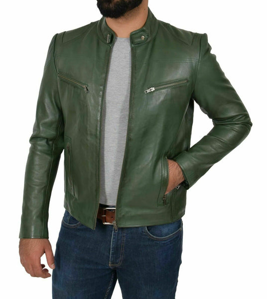 Genuine Leather Biker Jacket For Mens Green Fitted Zipped Casual Coat - Noora International