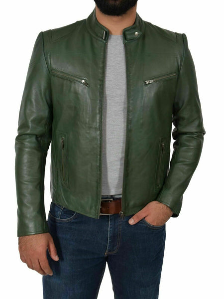 Genuine Leather Biker Jacket For Mens Green Fitted Zipped Casual Coat - Noora International