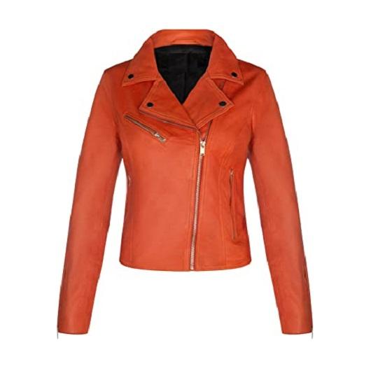 NOORA Lambskin Leather Orange Biker Jacket For Women | Motorcycle leather Jacket | Designer Made Jacket With Zipper