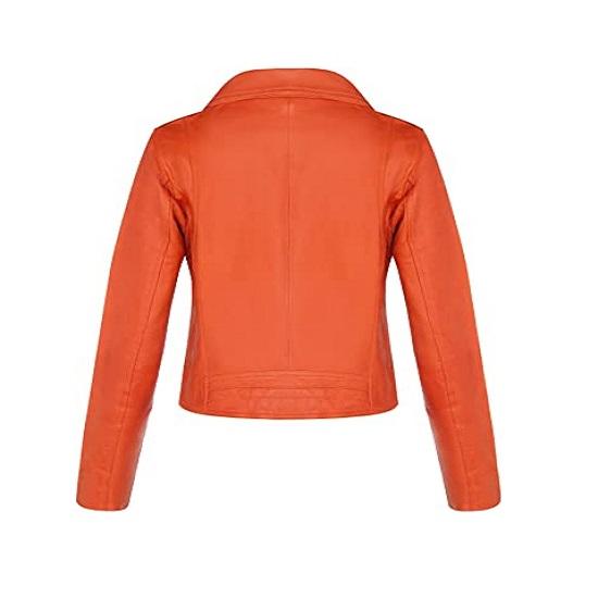 NOORA Lambskin Leather Orange Biker Jacket For Women | Motorcycle leather Jacket | Designer Made Jacket With Zipper - SK 05
