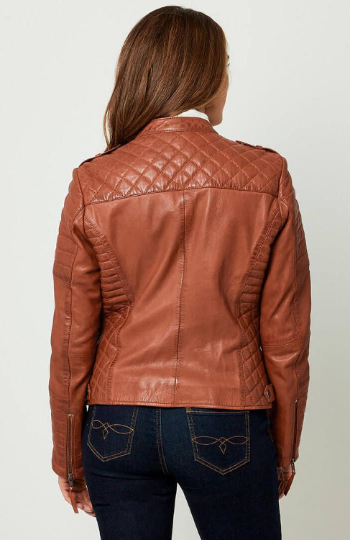 NOORA Ladies Brick tan Colour Jacket  ,Cross Quilted Leather Jacket With Pocket & Multi Zip Biker Jacket ,Leather Jacket,Short Collar Jacket